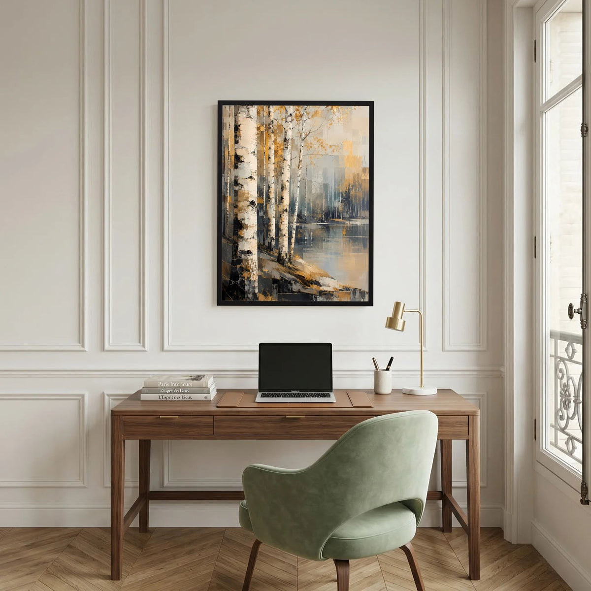 Hochformat-Poster im dunklen Rahmen: abstrakter Birkenwald mit hellem Himmel und Wasser