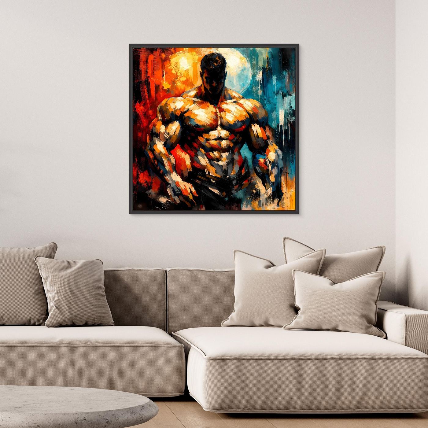 Gerahmtes Leinwandbild mit abstraktem Bodybuilder-Oberkörper, warmes Rot-Orange und Blau