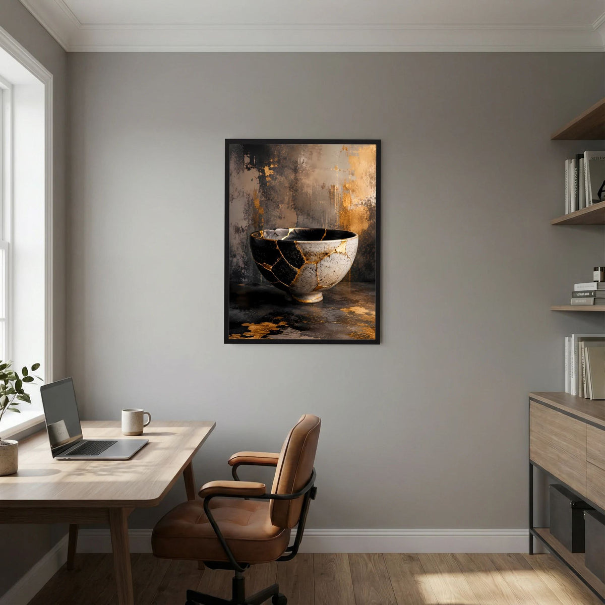Gerahmtes Hochformat-Poster: Schale mit goldenen Rissen in Schwarz-Weiß und dunklem Untergrund