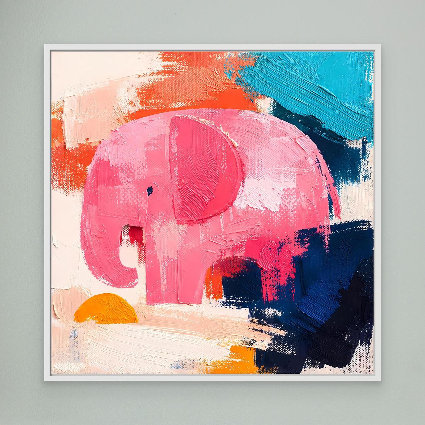 White-framed abstract elephant canvas painting with pink, blue, orange brushstrokes