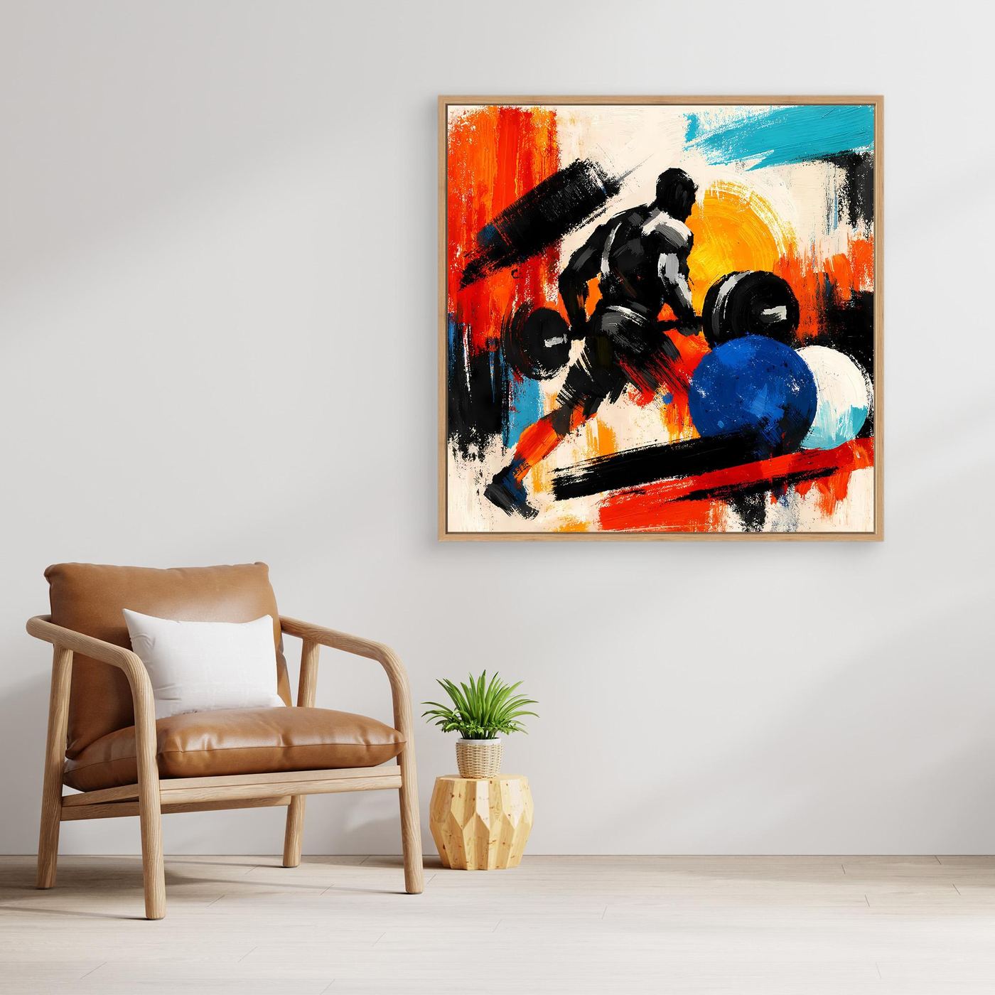 Abstract fitness wall canvas with colorful bodybuilder and dumbbells, oak frame