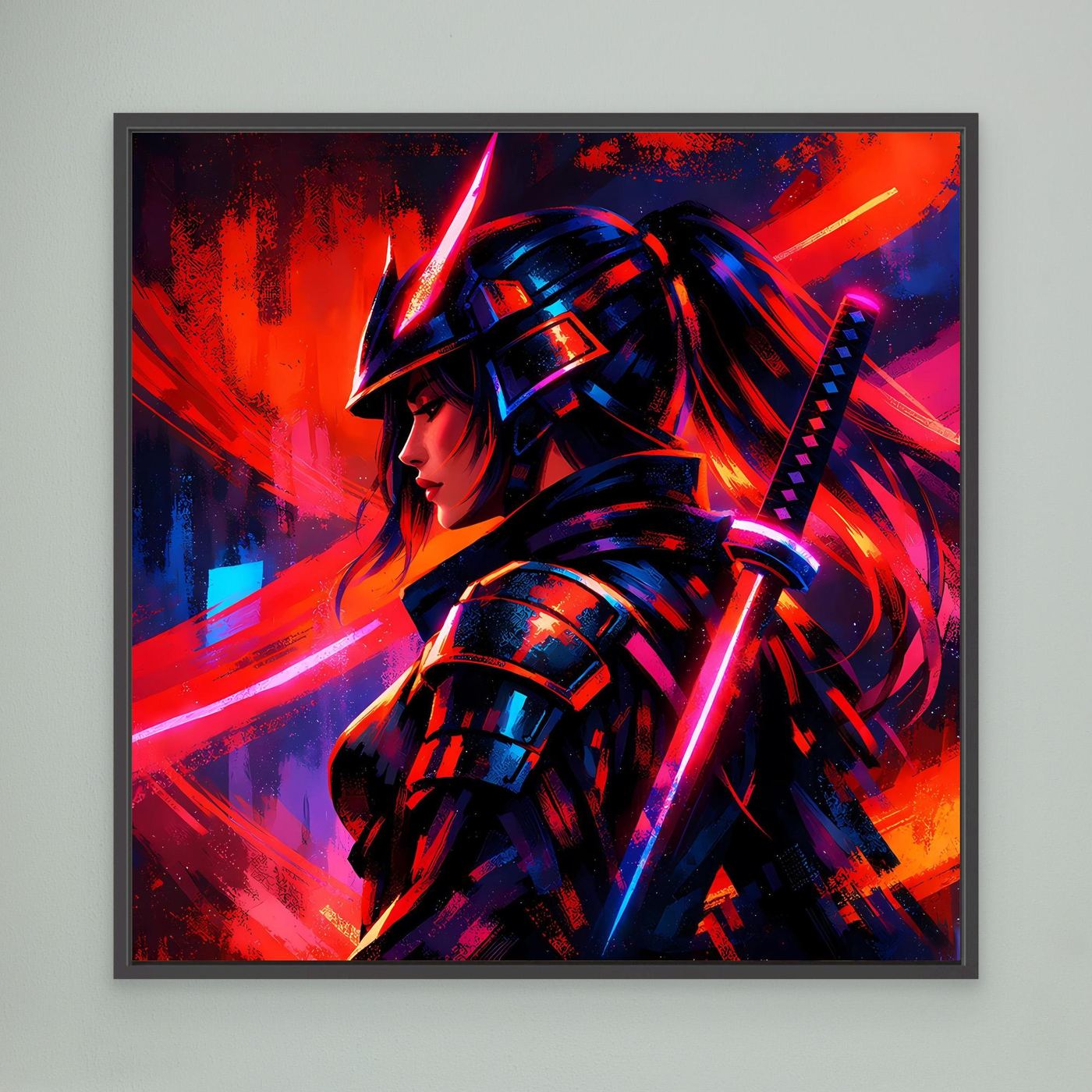 Leinwandbild mit schwarzem Rahmen: Samurai-Kriegerin im Neon-Look, dynamische Linien.