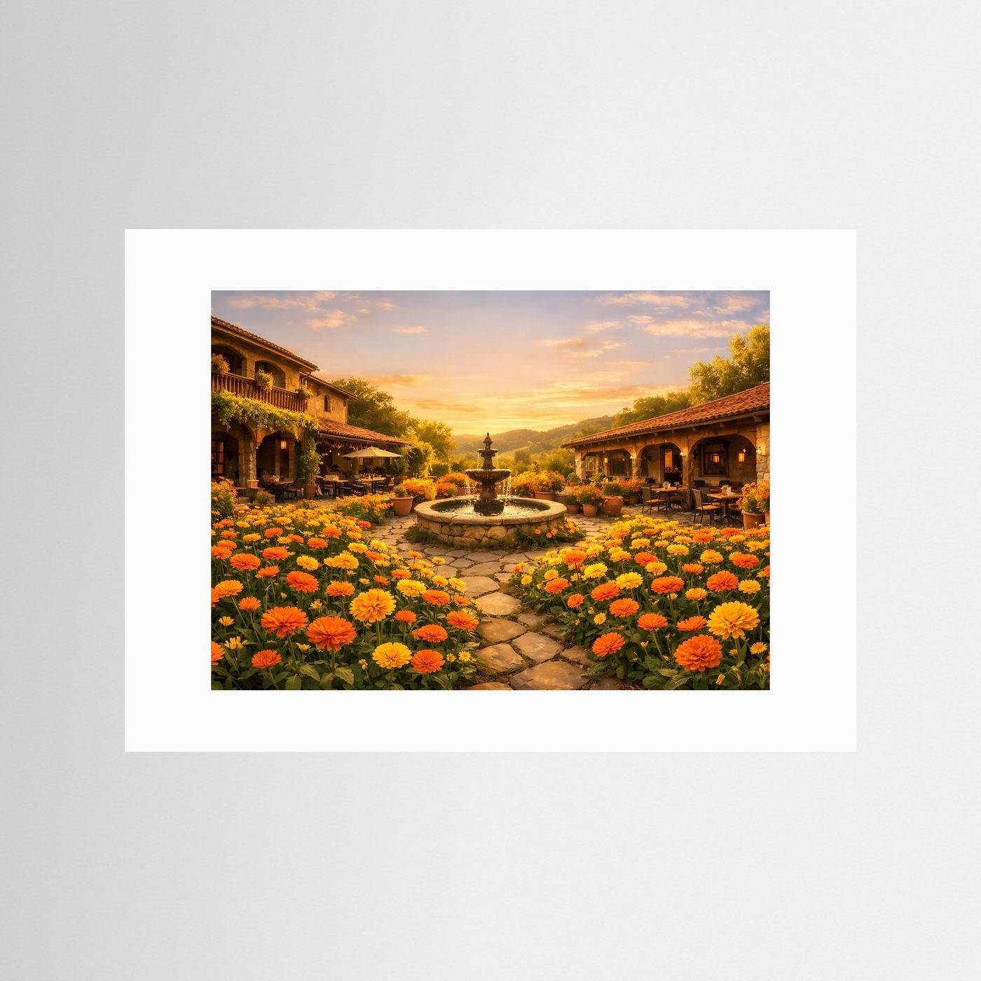 Gerahmtes Wandbild mit weißem Rahmen: mediterraner Innenhof mit Brunnen und Blumen