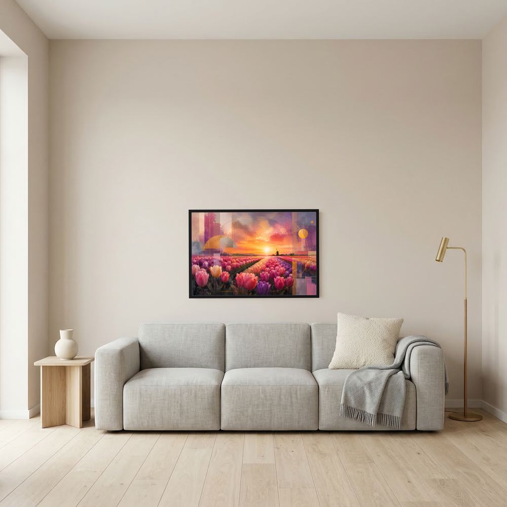 Wandhängendes Querformat-Poster mit rosa Tulpen, goldenem Himmel und abstrakter Windmühle