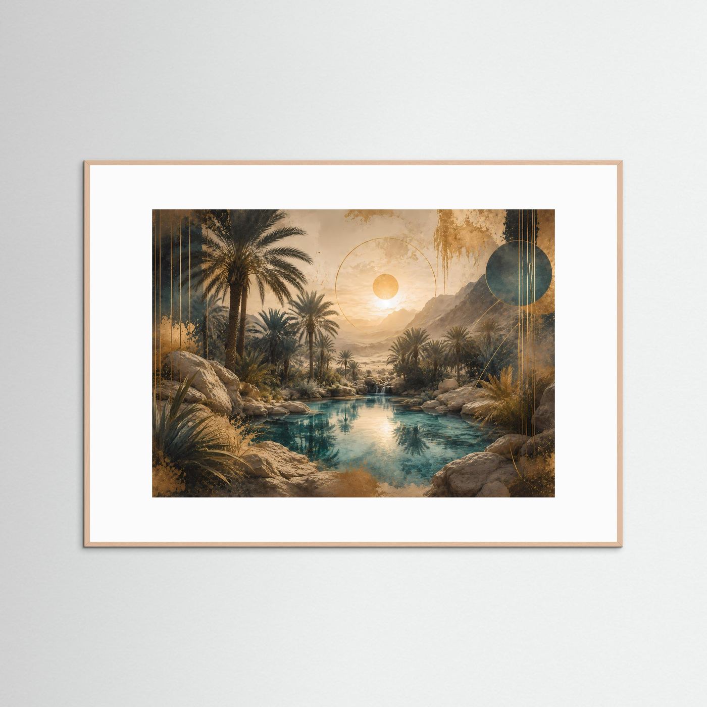 Querformat-Poster mit Oasenlandschaft, türkisfarbenem Wasser und Palmen im beigefarbenen Rahmen