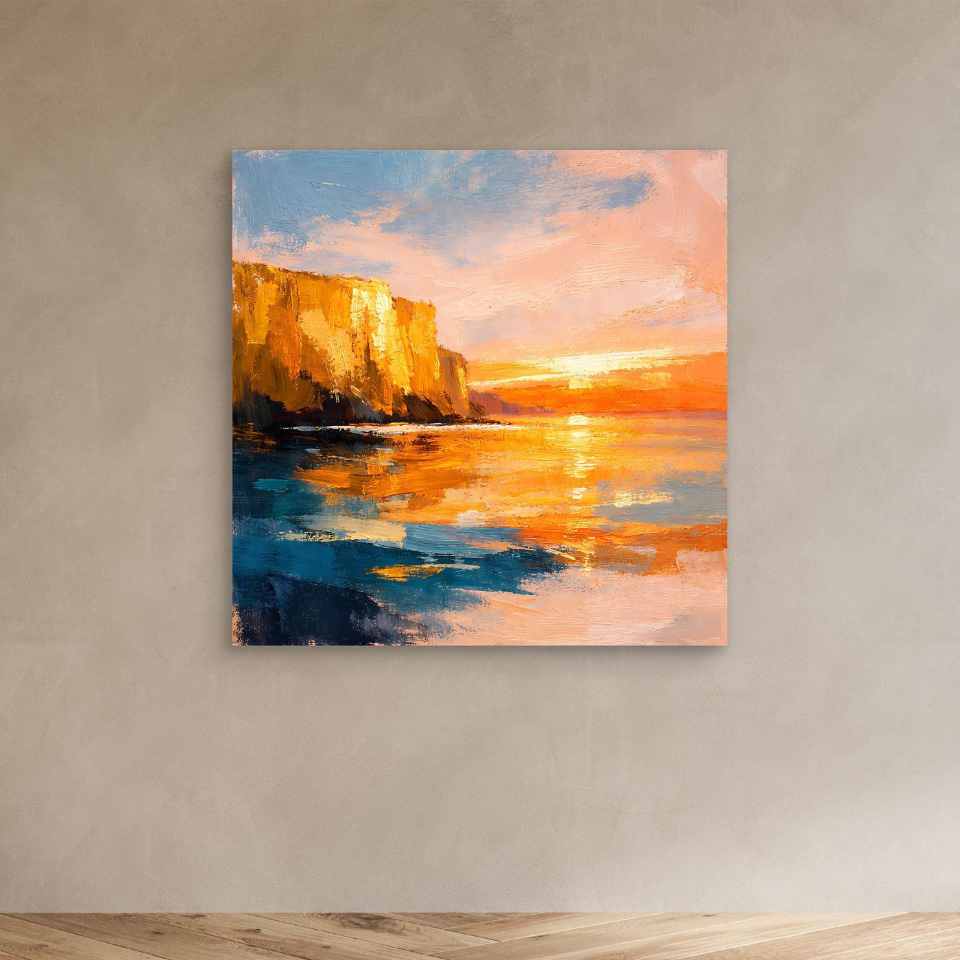 Leinwand Goldener Sonnenuntergang an der Steilküste | Abstraktes Meeres Wandbild