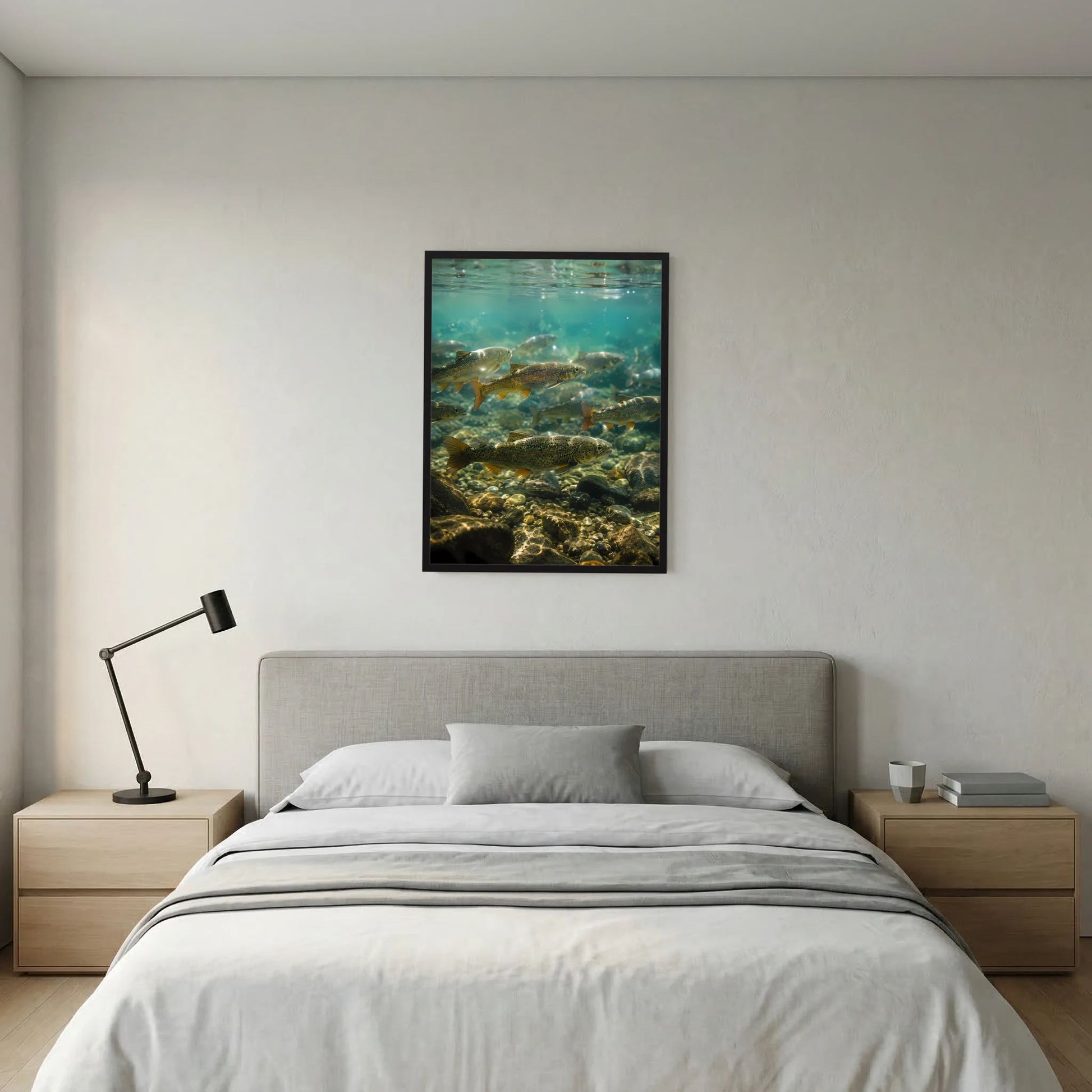 Wandposter im Hochformat mit Forellen im klaren Flusswasser und sichtbaren Steinen
