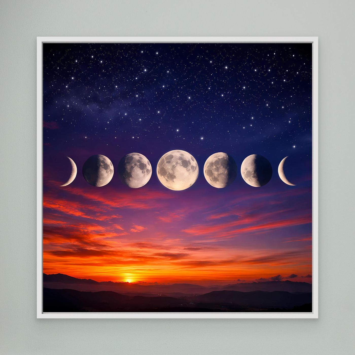 Leinwandbild mit Mondphasen über Sternenhimmel und Sonnenuntergang, weiß gerahmt