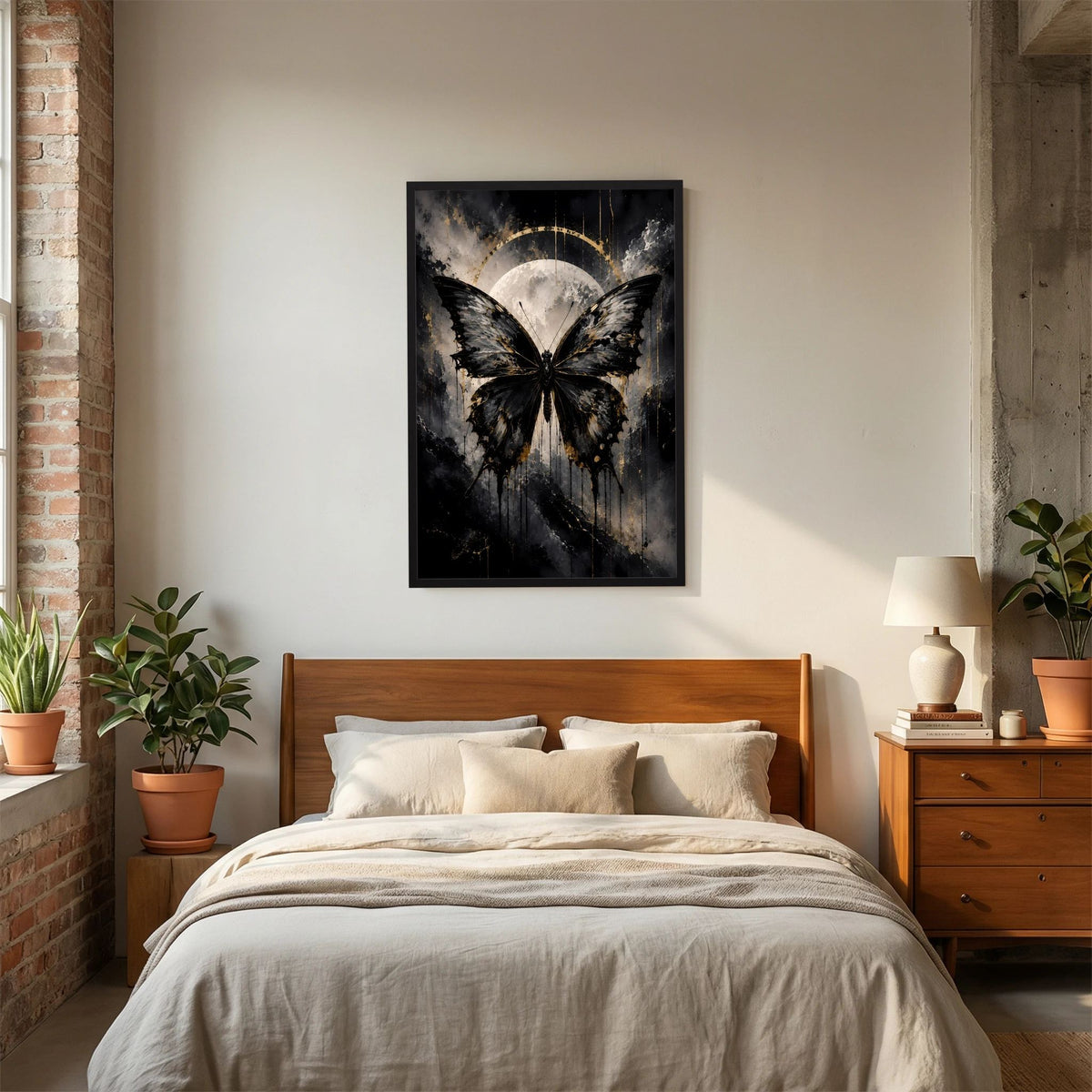 Poster im Hochformat mit schwarzem Rahmen: schwarzer Schmetterling und Halbmond-Licht