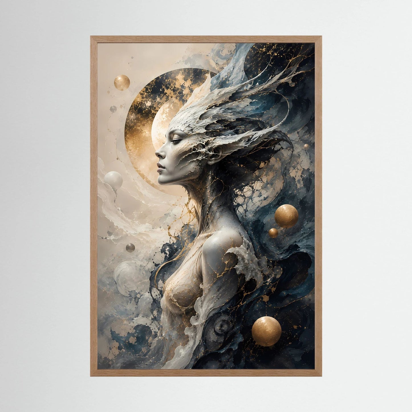 Kosmische Göttin | Mystische Fantasy Frau in Schwarz Gold | Poster Hochformat