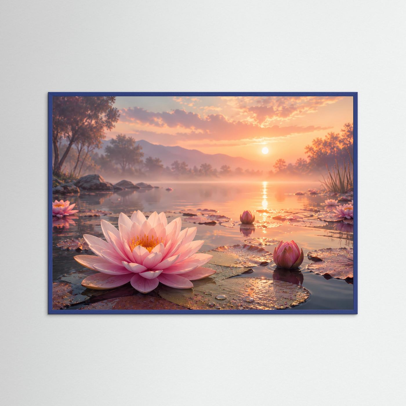 Poster mit rosa Seerosen auf See bei Sonnenuntergang, blauer Rahmen, querformat