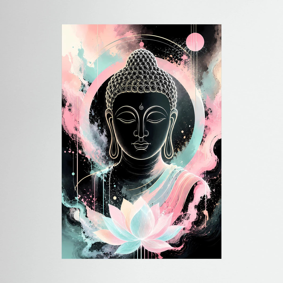 Buddha-Poster im Hochformat mit schwarzer Buddhafigur und Lotusblüte in Pastellfarben