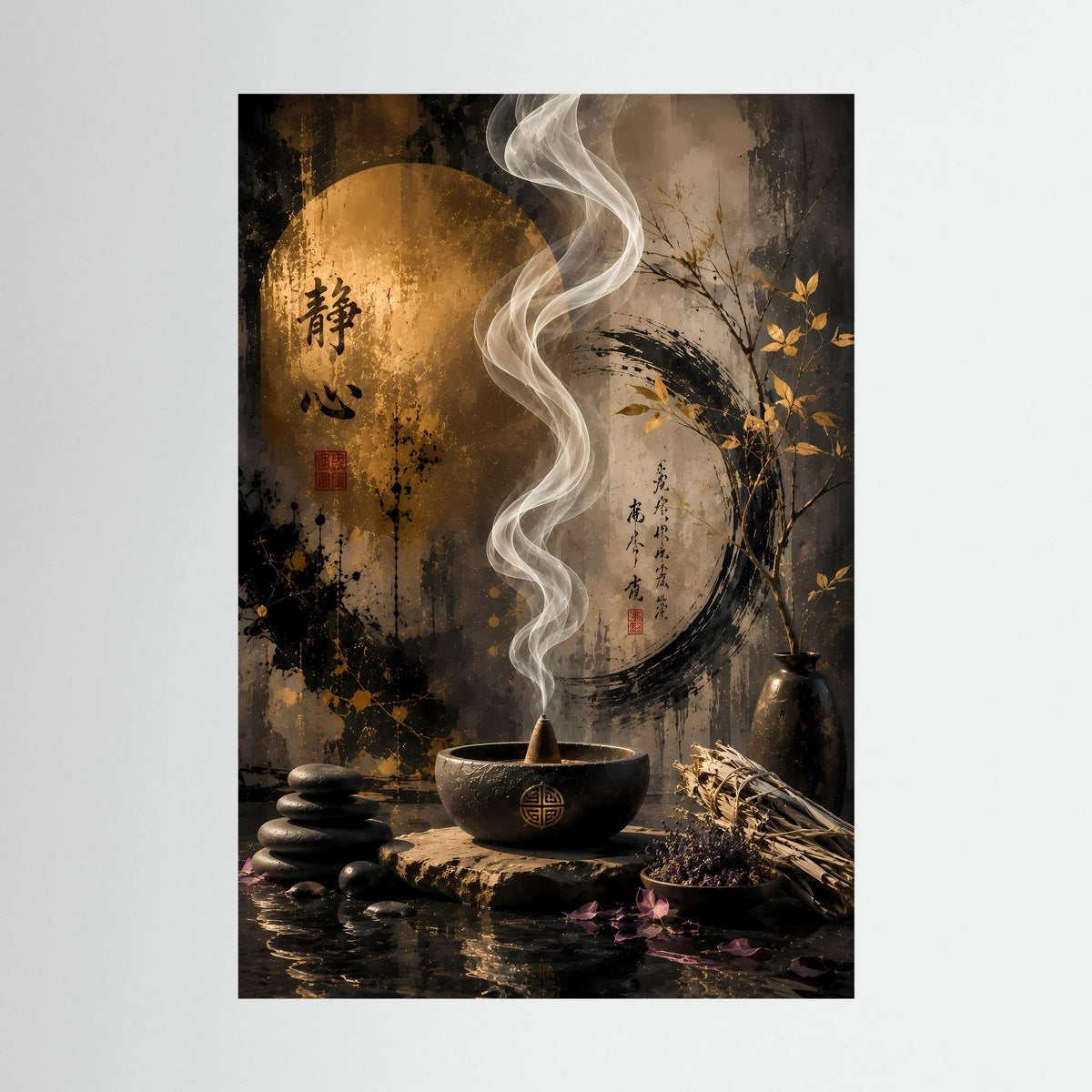 Nahansicht Zen-Poster: goldenes Kreis-Motiv, Rauchlinien über Schale, Steine, Baumzweig und Schrift