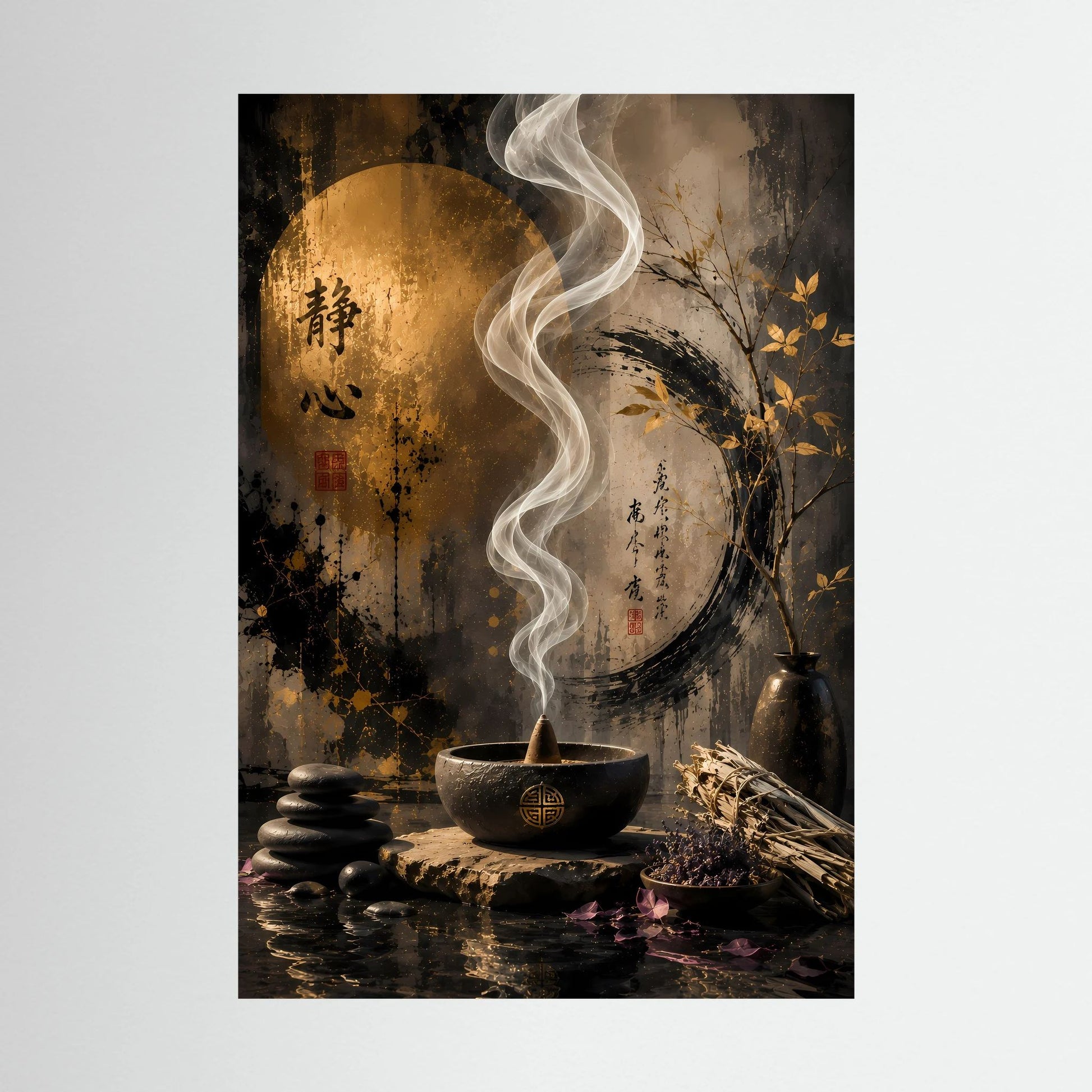 Nahansicht Zen-Poster: goldenes Kreis-Motiv, Rauchlinien über Schale, Steine, Baumzweig und Schrift
