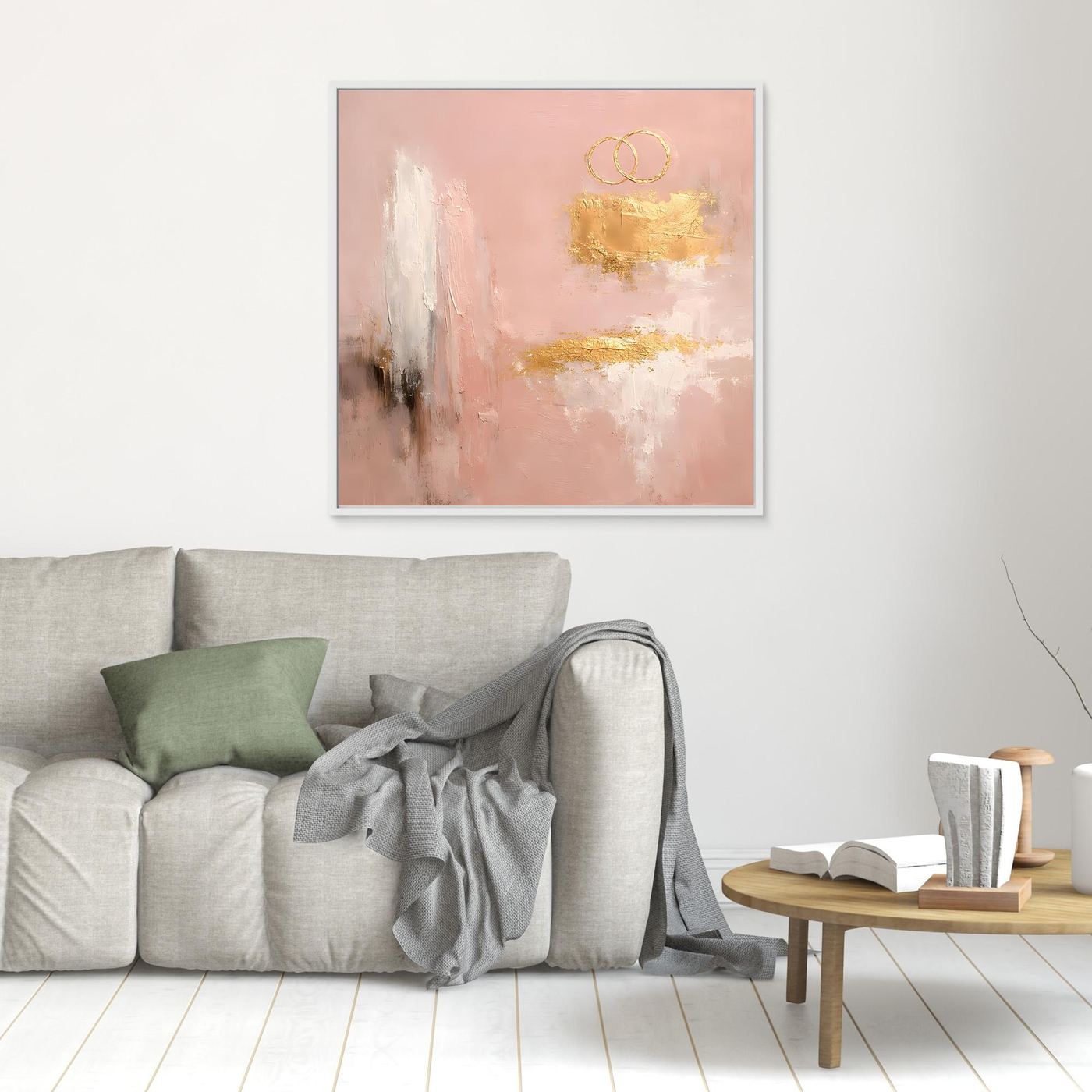 Leinwand Abstraktes Hochzeitsgemälde in Altrosa und Gold | Modernes Wandbild Eheringe