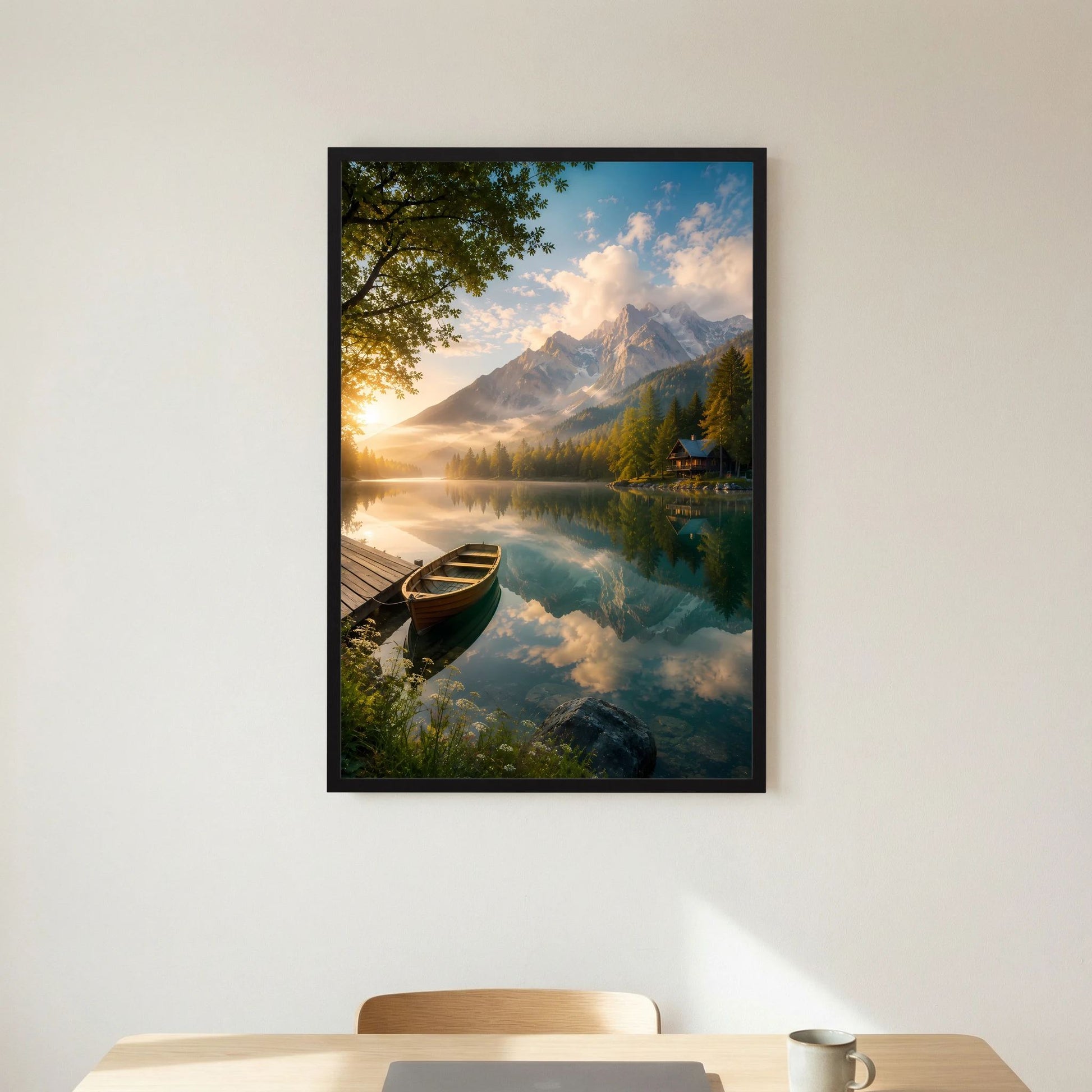 Kunstposter mit Bergsee und Holzboot, schwarzer Rahmen an heller Wand