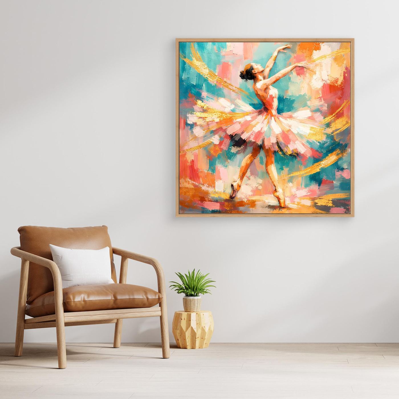 Buntes Leinwandbild mit abstrakter Ballerina, türkis-rosa Tutu, goldene Rahmung