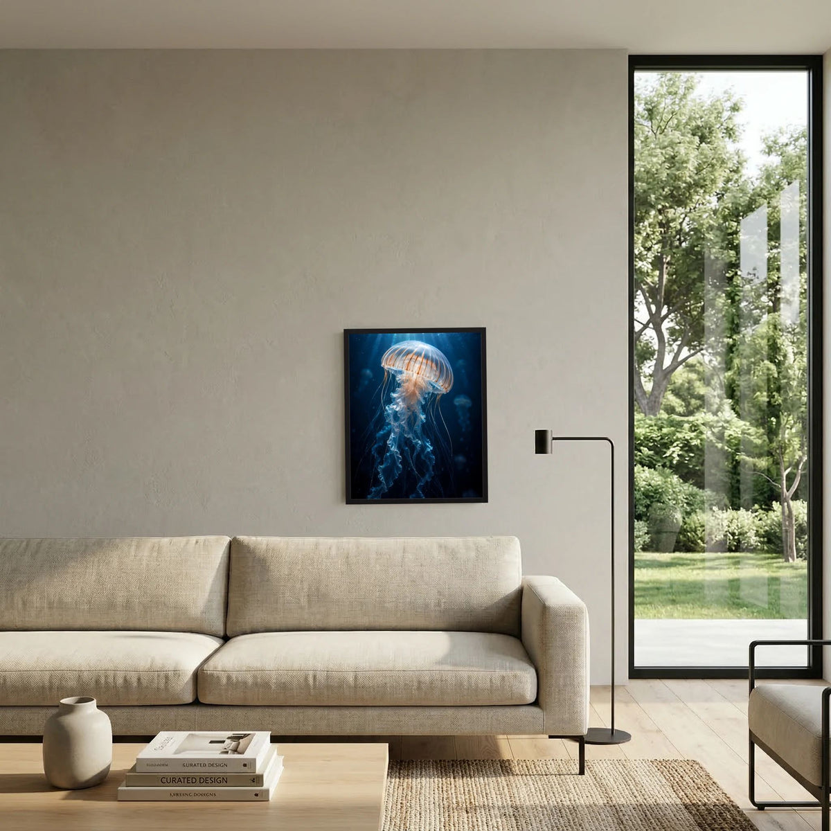 Wandposter mit blauer Qualle unter Wasser im schwarzen Rahmen