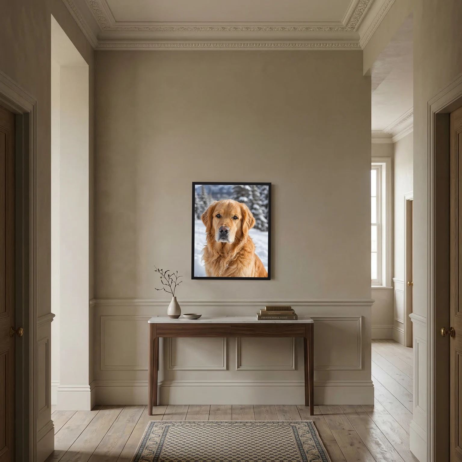 Wandbild mit goldenem Retriever im Schnee im schwarzen Rahmen