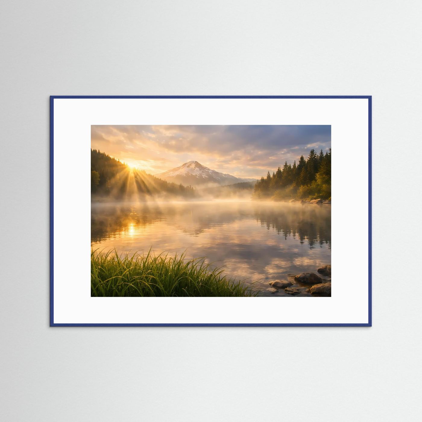 Wandbild mit See-Landschaft und Bergen, Sonnenaufgang, blau und weiß gerahmt