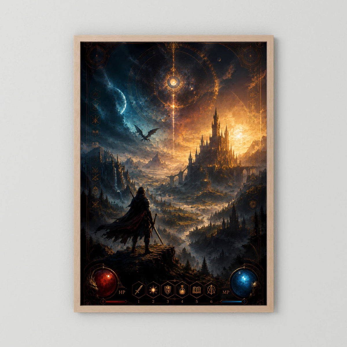 Magisches Burg-Kunstposter im Hochformat mit Krieger und Drachen, helles Holzrahmen