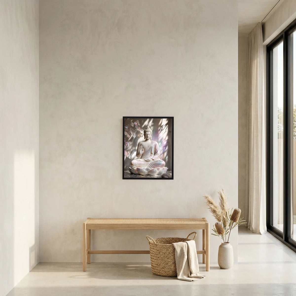 Gerahmter Kunstdruck mit Buddha auf Lotus, Creme-Rosa-Pastell im Hochformat