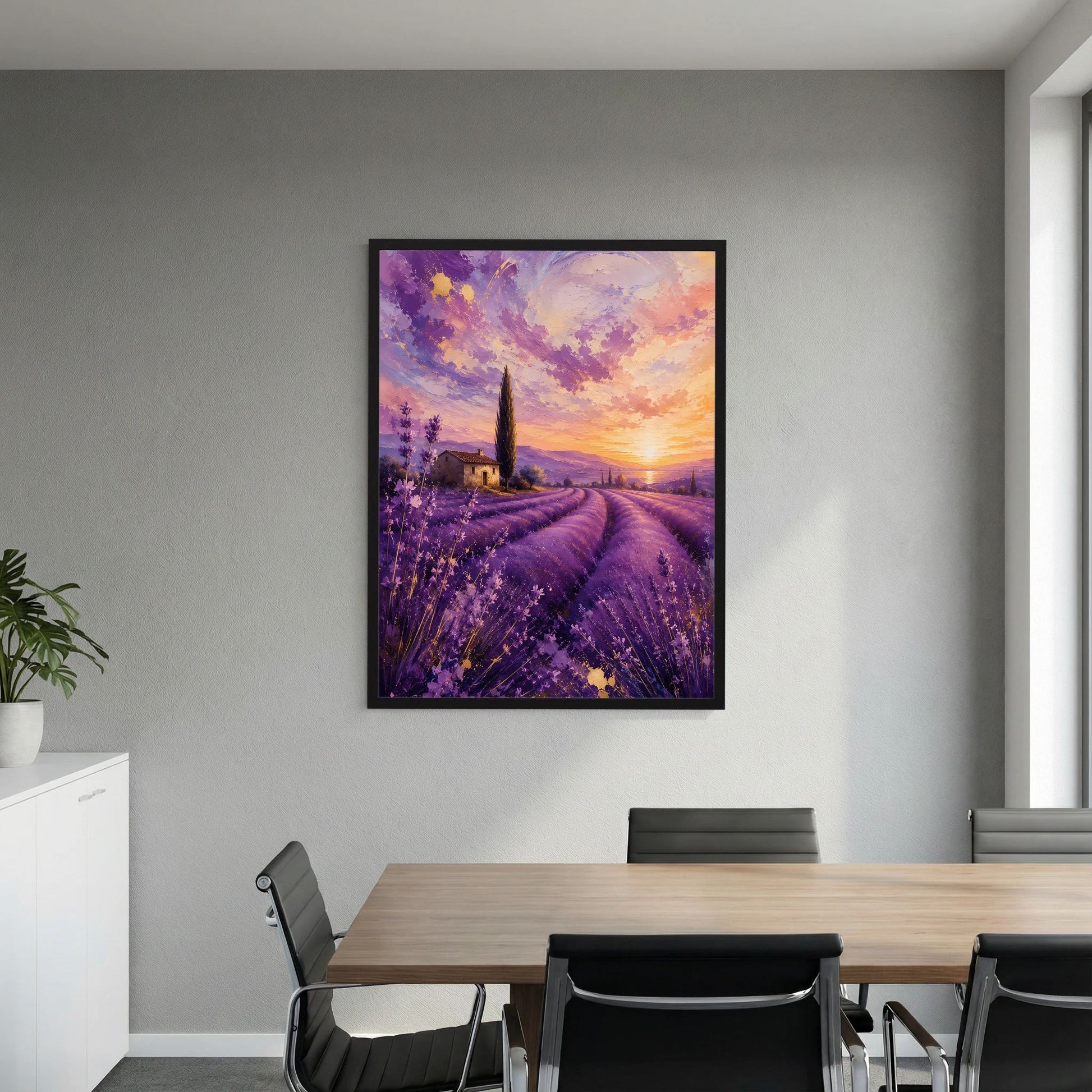 Gerahmtes Hochformat-Poster mit violettem Feldweg, Kirchturm und orangefarbenem Himmel