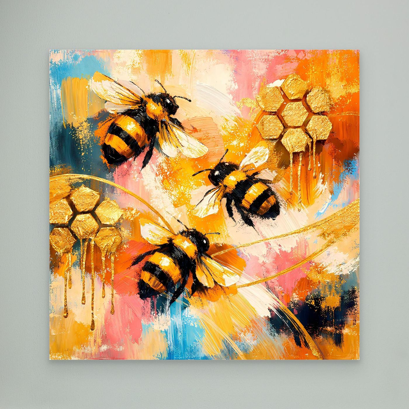 Leinwandbild mit Bienenmotiv und goldenen Waben, abstrakte Farben, ohne Rahmen