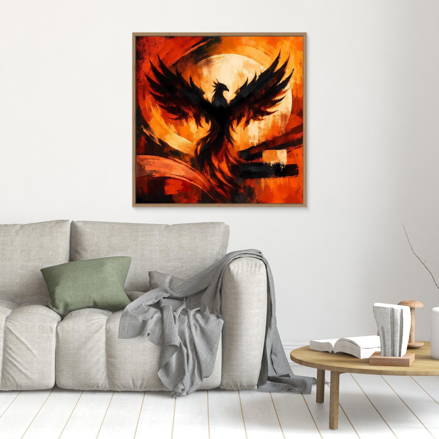Quadratisches gerahmtes Leinwandbild mit Phönix, schwarze Flügel, orange-rote Farbflächen
