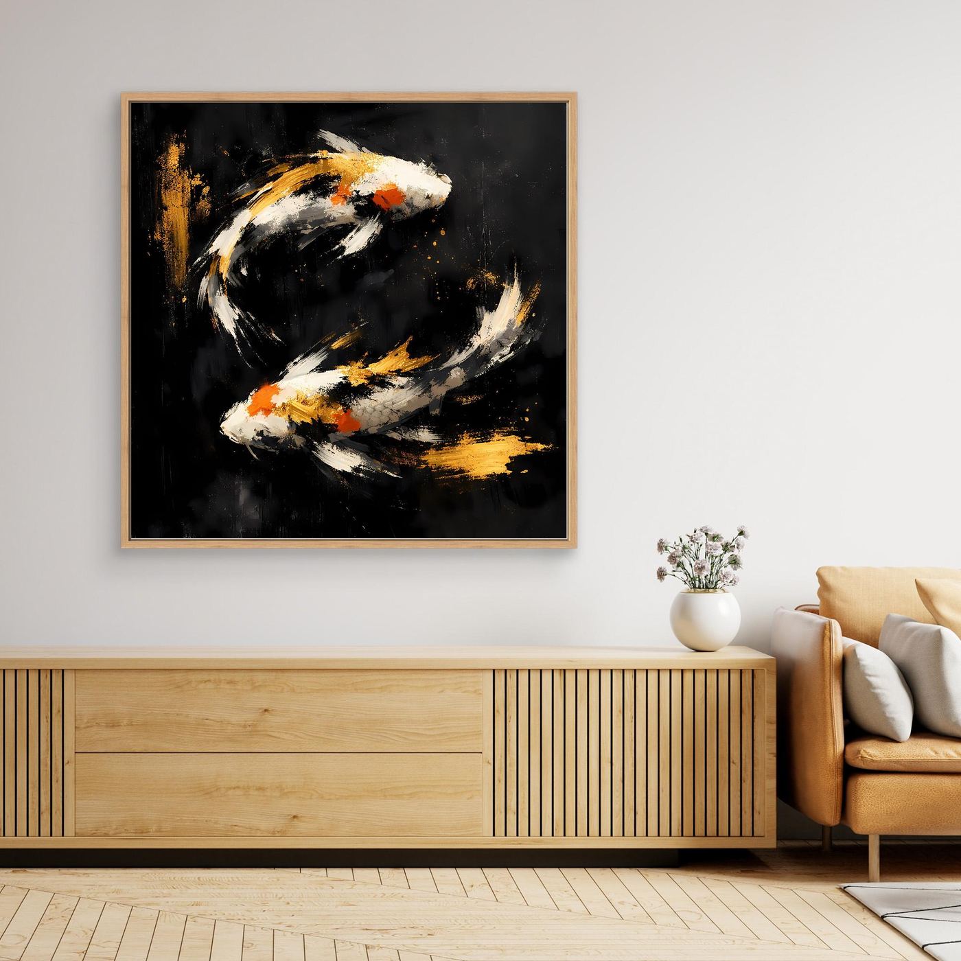 Leinwand Abstrakte Koi-Fische in Gold und Orange | Modernes Yin Yang Wandbild