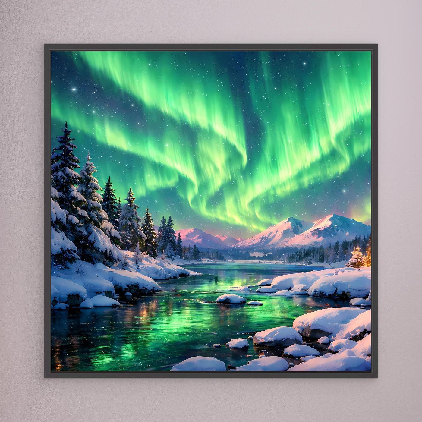 Leinwandbild Magische Polarlichter | Winterliche Polarlicht-Nacht Wandbild auf echtem Holzkeilrahmen