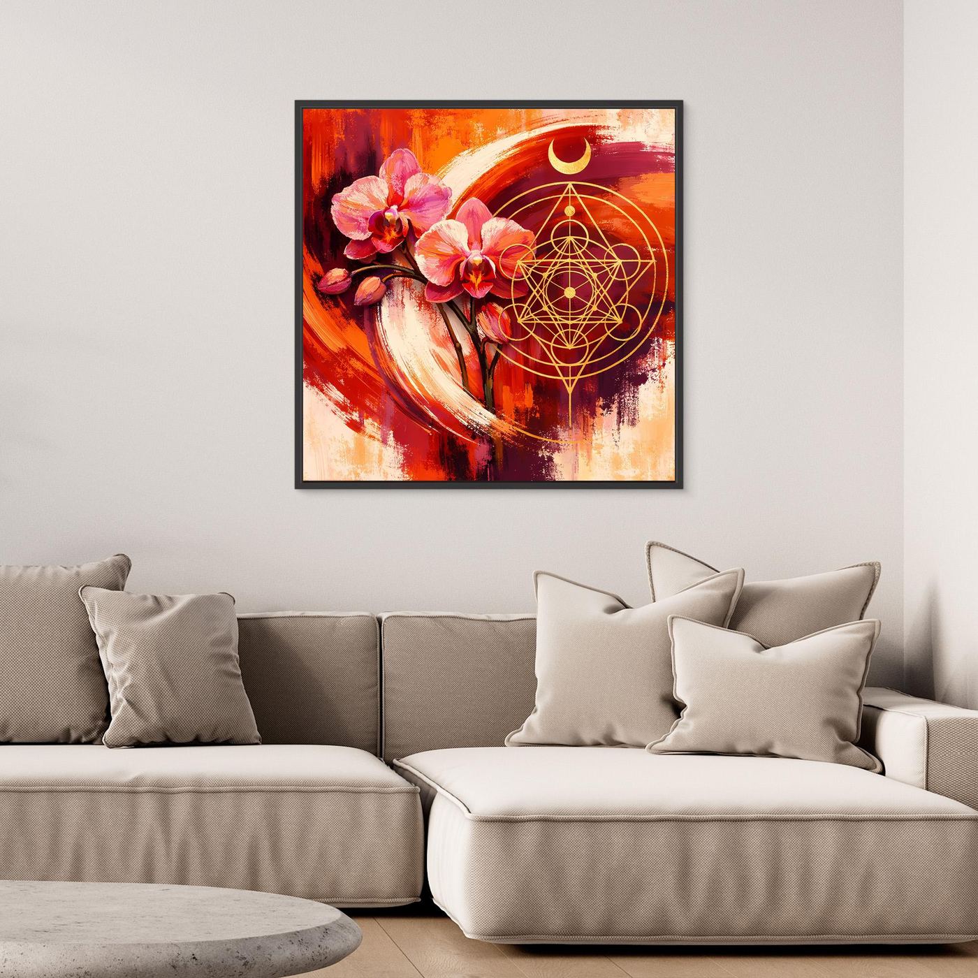 Wandbild mit Orchidee und goldener heiligen Geometrie, Halbmond, Farbwirbel in Orange und Violett