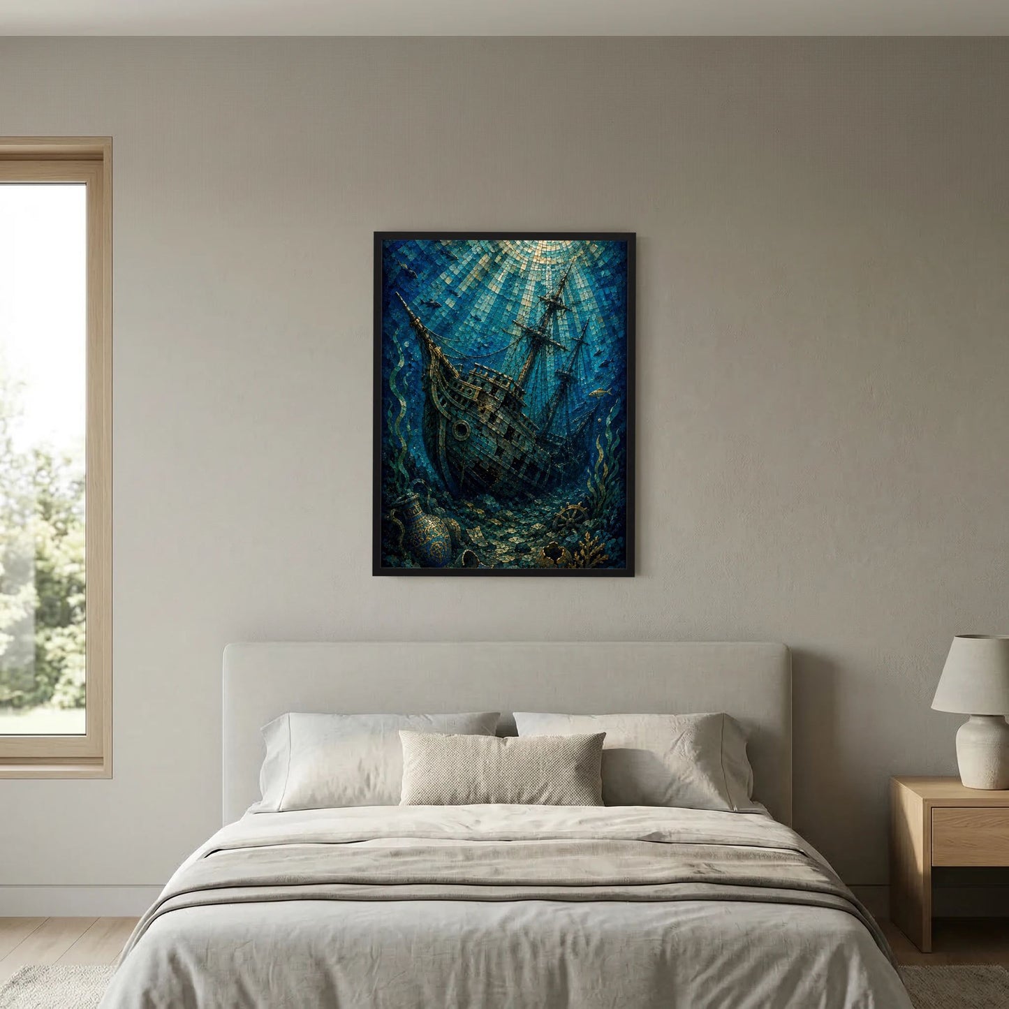 Quadratisch wirkendes Poster: versunkenes Segelschiff im Mosaikstil, blau und gold
