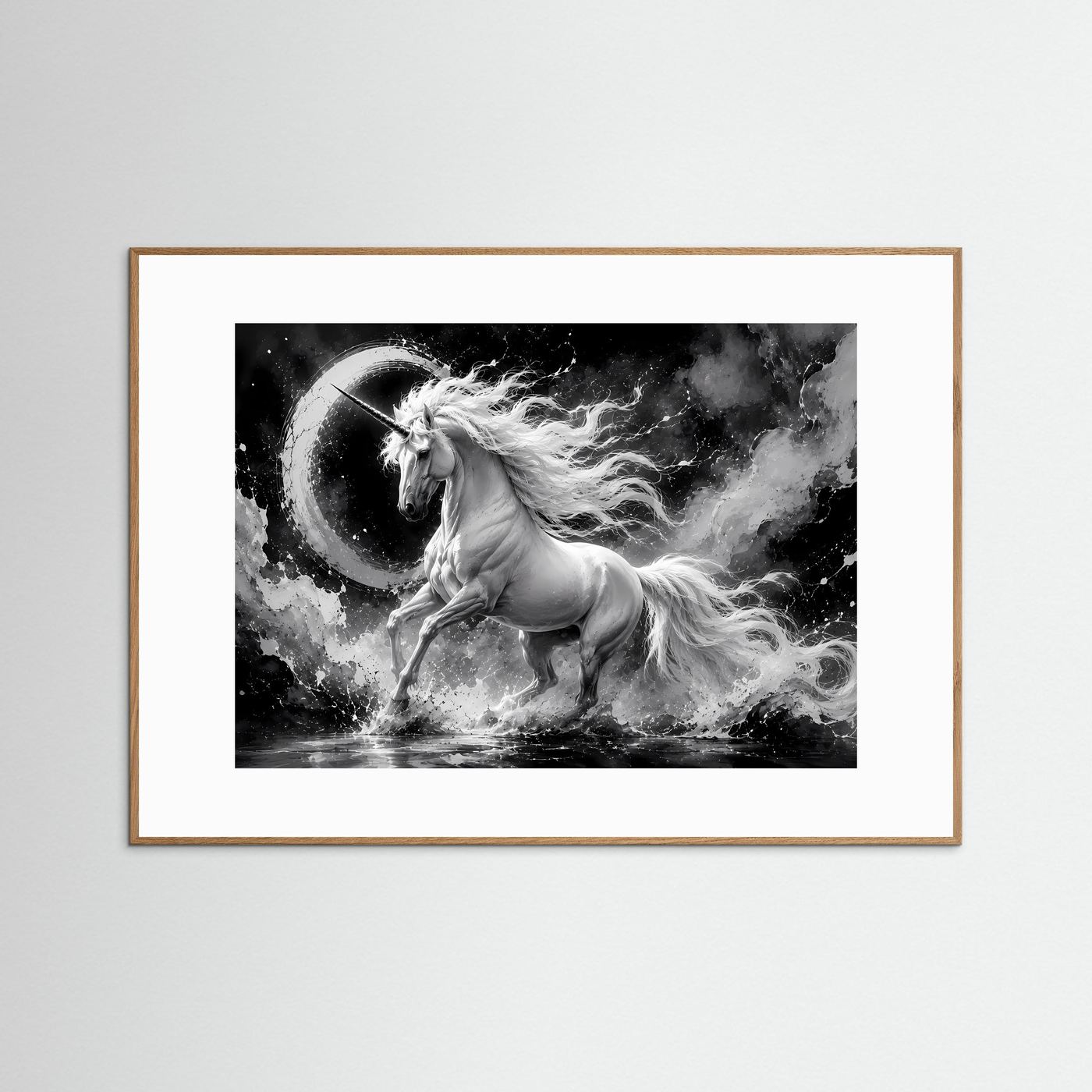 Einhorn Schwarz Weiß Poster Querformat | Mystische Fantasy Wandkunst | Monochrome Elegante Leinwandkunst