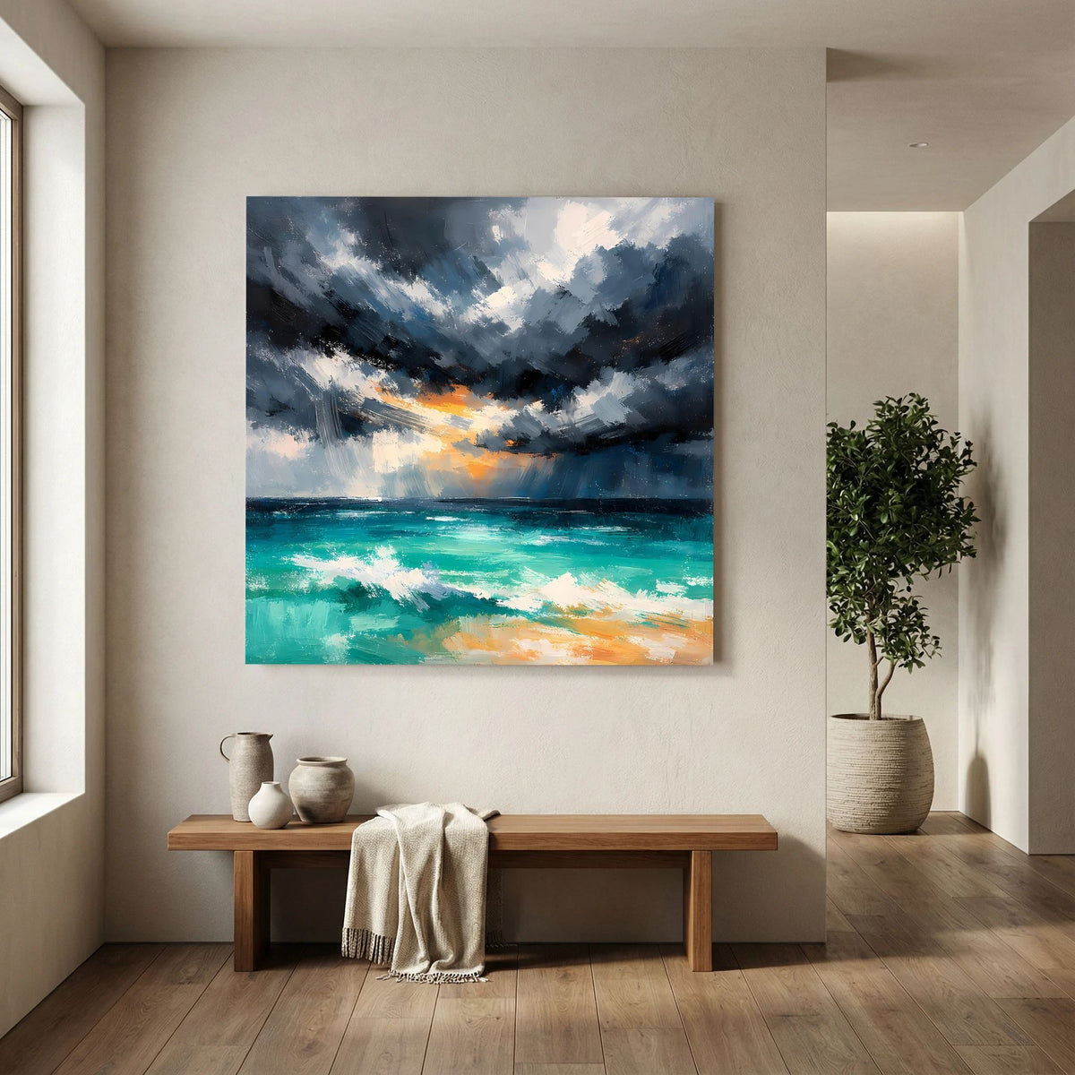 Abstraktes Wandbild mit Gewitterhimmel, türkisgrünen Wellen und orangefarbenen Reflexen
