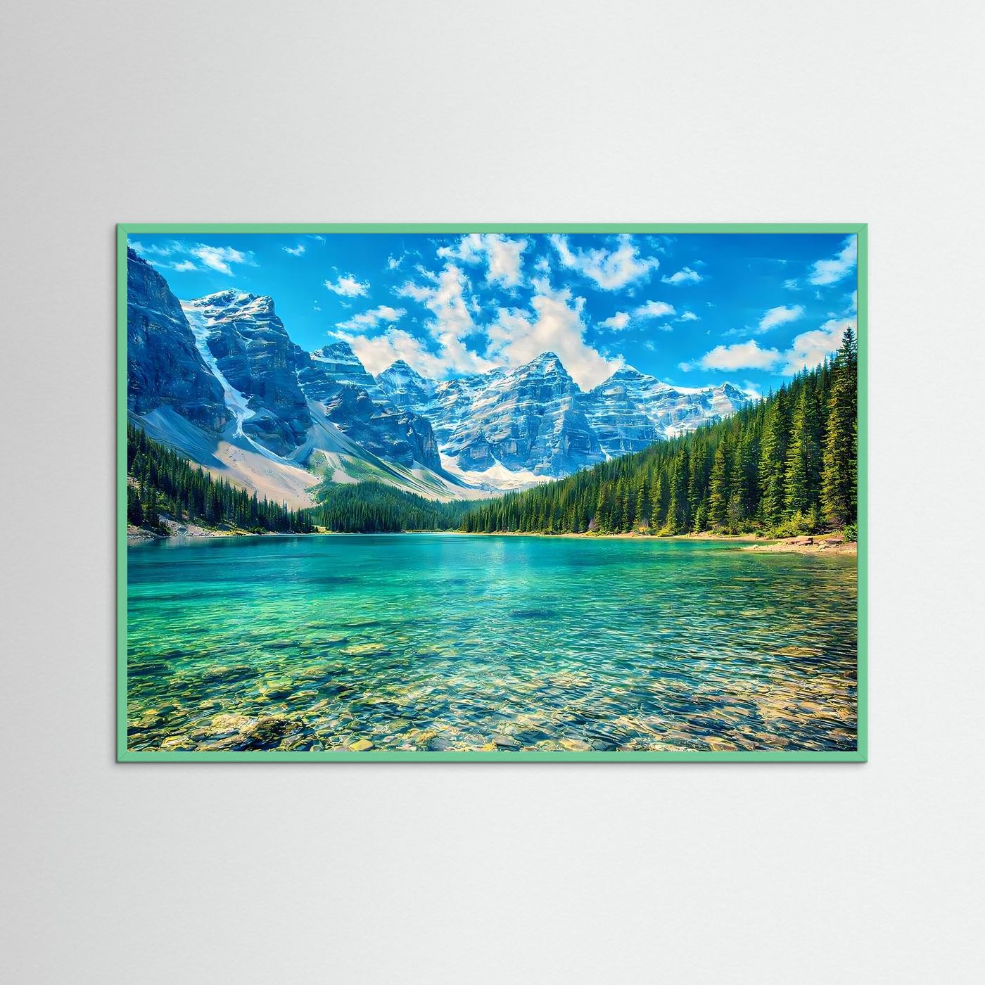 Wandposter mit türkisblauem Bergsee-Motiv, grüner Holzrahmen, Querformat.
