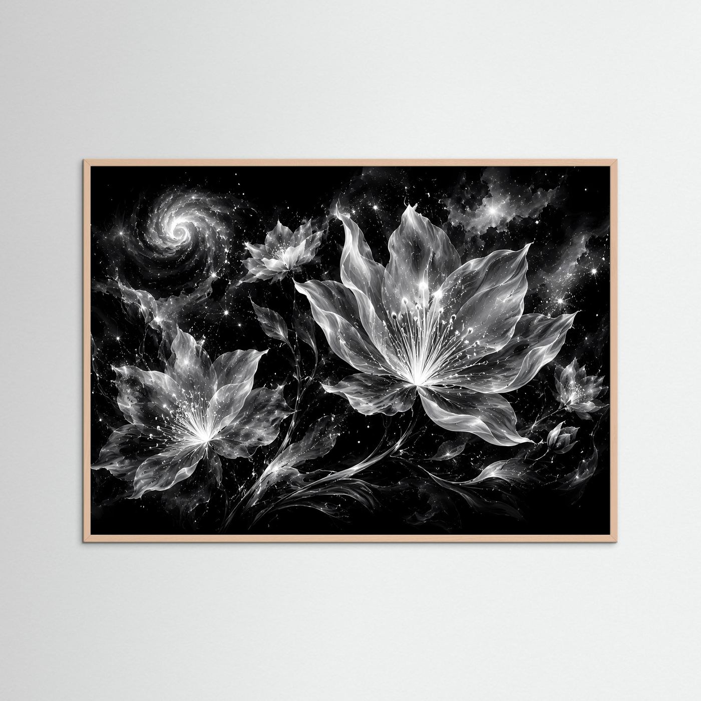 Schwarz Weiß Blumen Poster | Kosmische Blüten Wandkunst | Abstrakte Florale Kunst | Moderne Monochrome Leinwand | Galaxy Design
