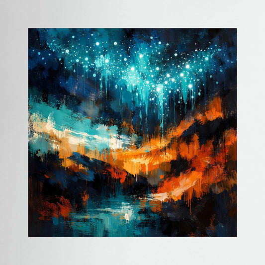 Abstraktes Wandbild mit leuchtenden blauen Punkten, orangefarbenem Lichtsaum und ruhigem See