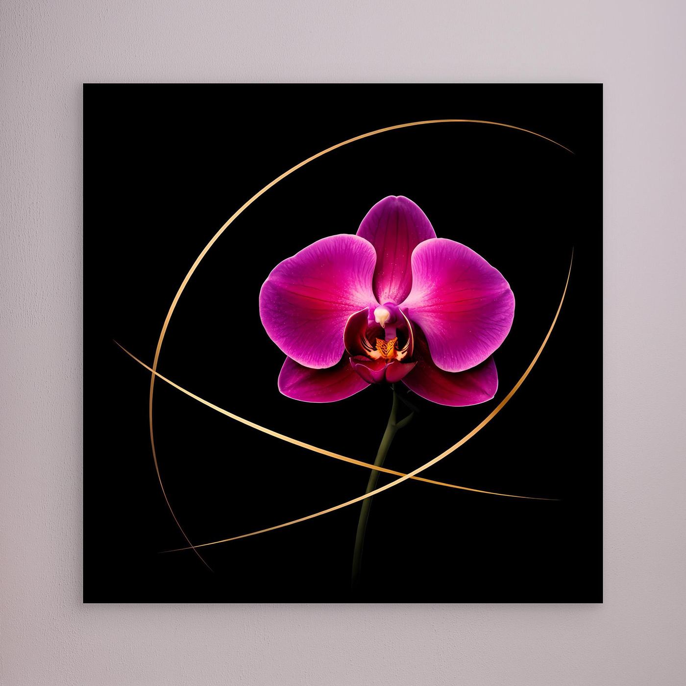 Quadratisches Leinwandbild mit magenta Orchidee und goldenen Linien