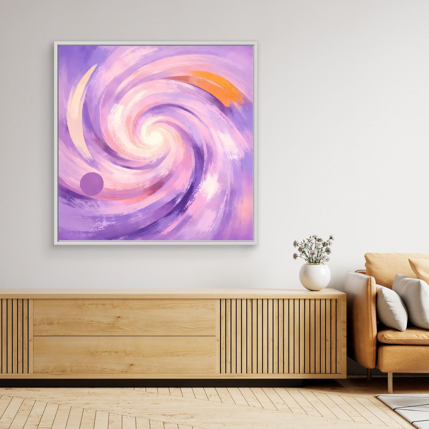 Leinwandbild mit abstraktem Pastellwirbel in Flieder und Rosa, weißer Rahmen