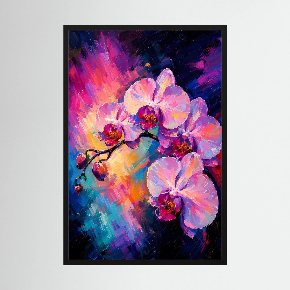 Kunstposter im Hochformat: abstrakte Orchideenblüten in Pink, Violett und Blau, schwarzer Rahmen