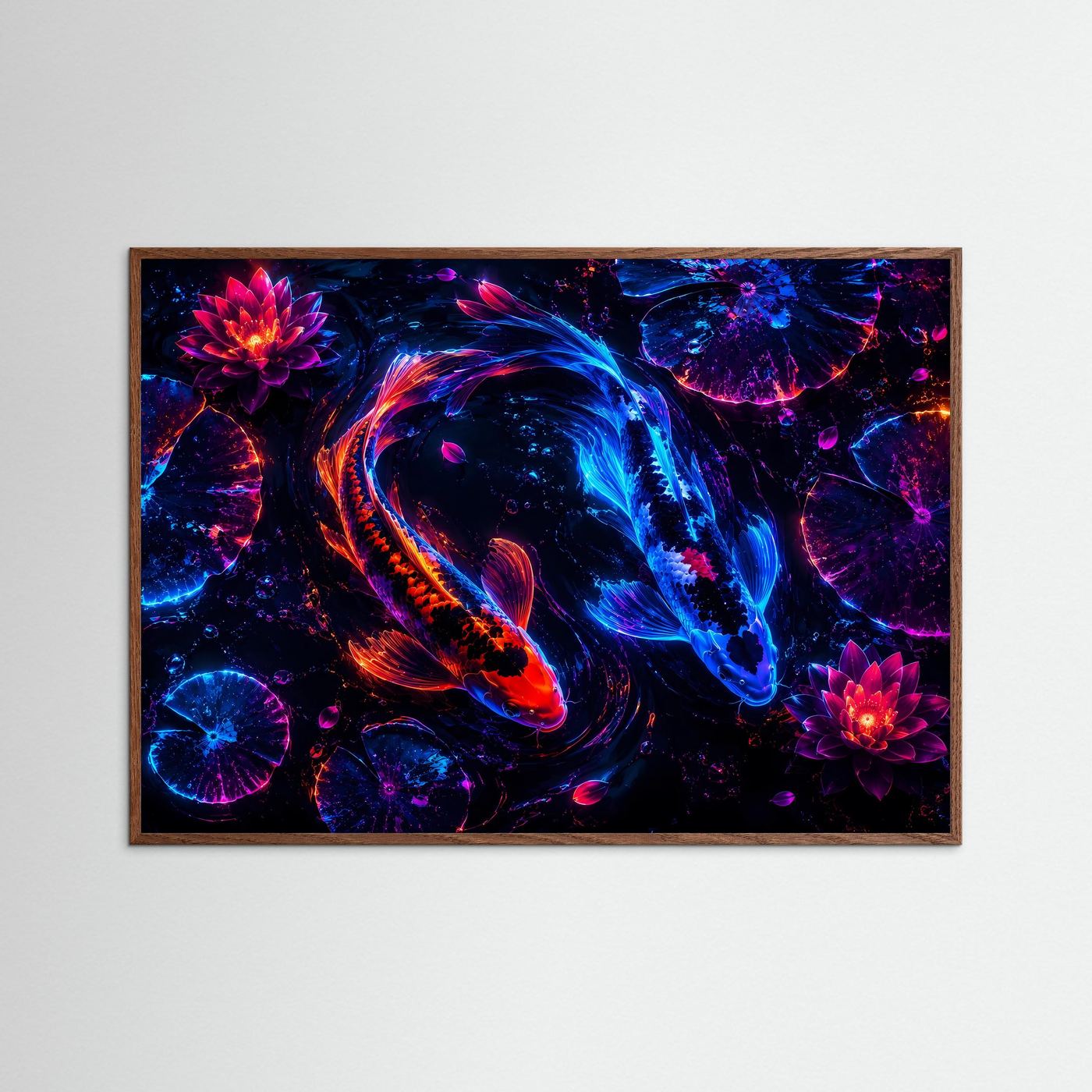 Neon Koi Yin Yang | Futuristisches Lotus-Wandbild in Blau, Pink & Orange