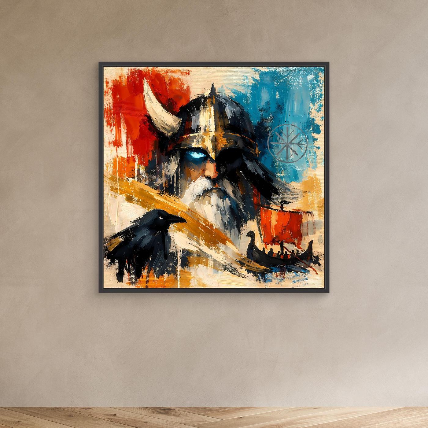 Black-framed Nordic wall art with a Viking warrior and raven, red and blue brushwork.