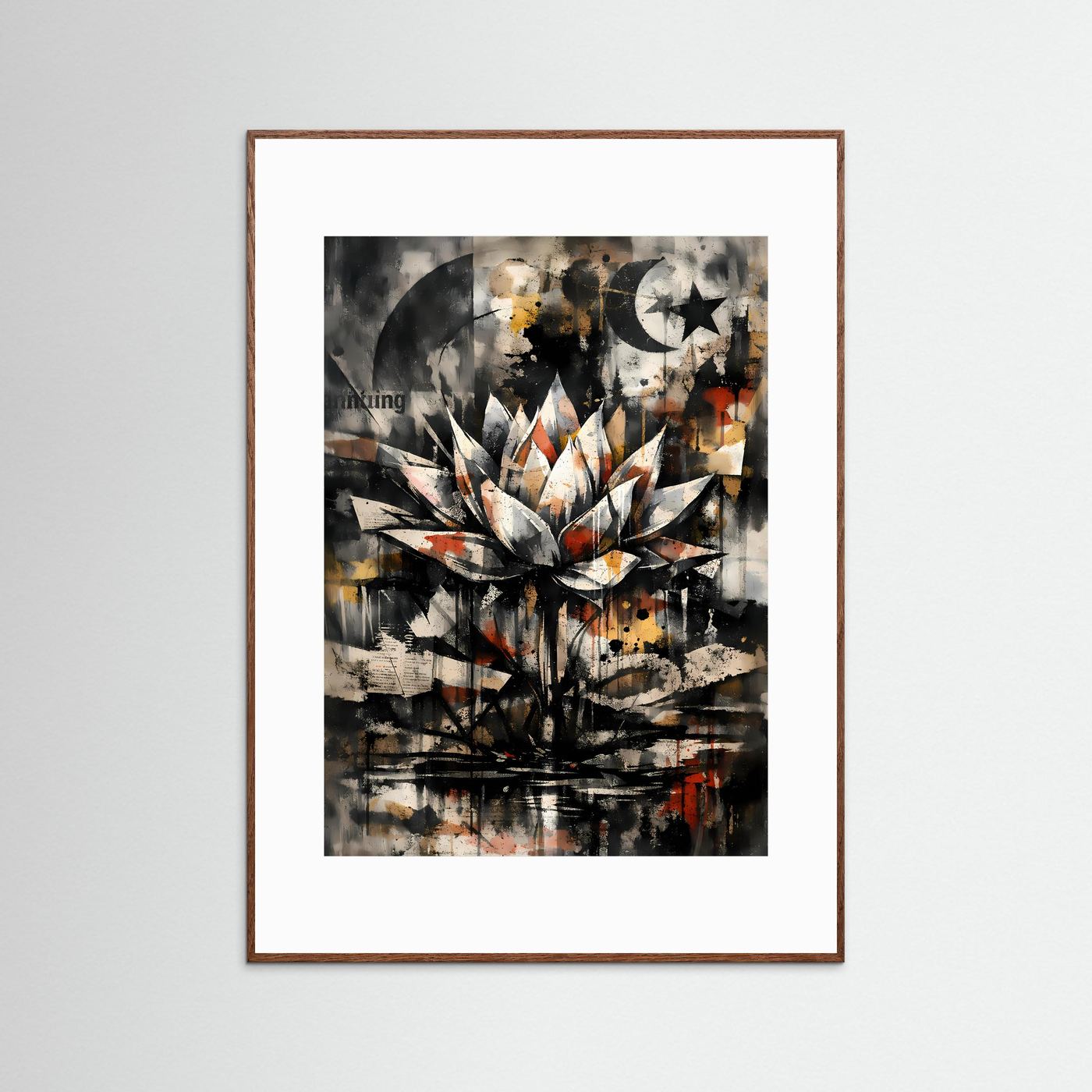 Abstraktes Lotus-Mondmotiv im Graphitstil mit Sonnenrad, im dunkelbraunen Holzrahmen