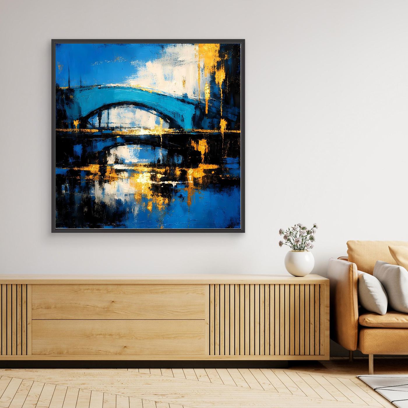 Gerahmtes Leinwandbild mit abstrakter Brücke, blau-gelbes Stadtbild, schwarzer Rahmen