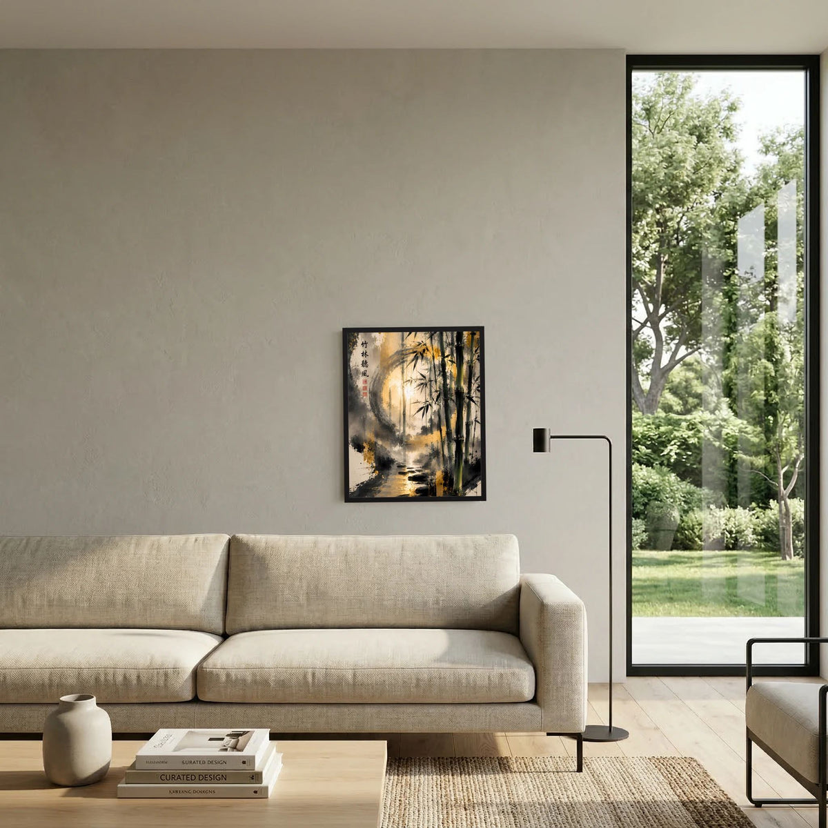 Zen-Kunstposter mit Bambus am Bach, goldene Lichtakzente, schwarz gerahmt