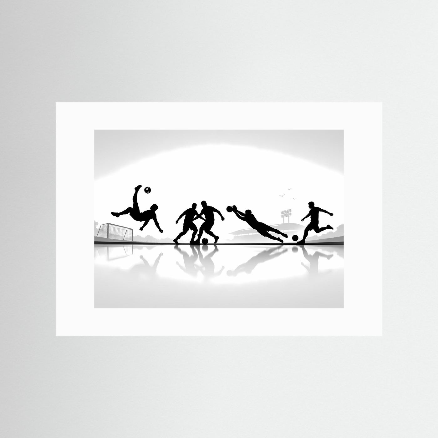 Panorama-Sportposter mit schwarzweißen Fußballer-Silhouetten im Action-Motiv, weißer Rand