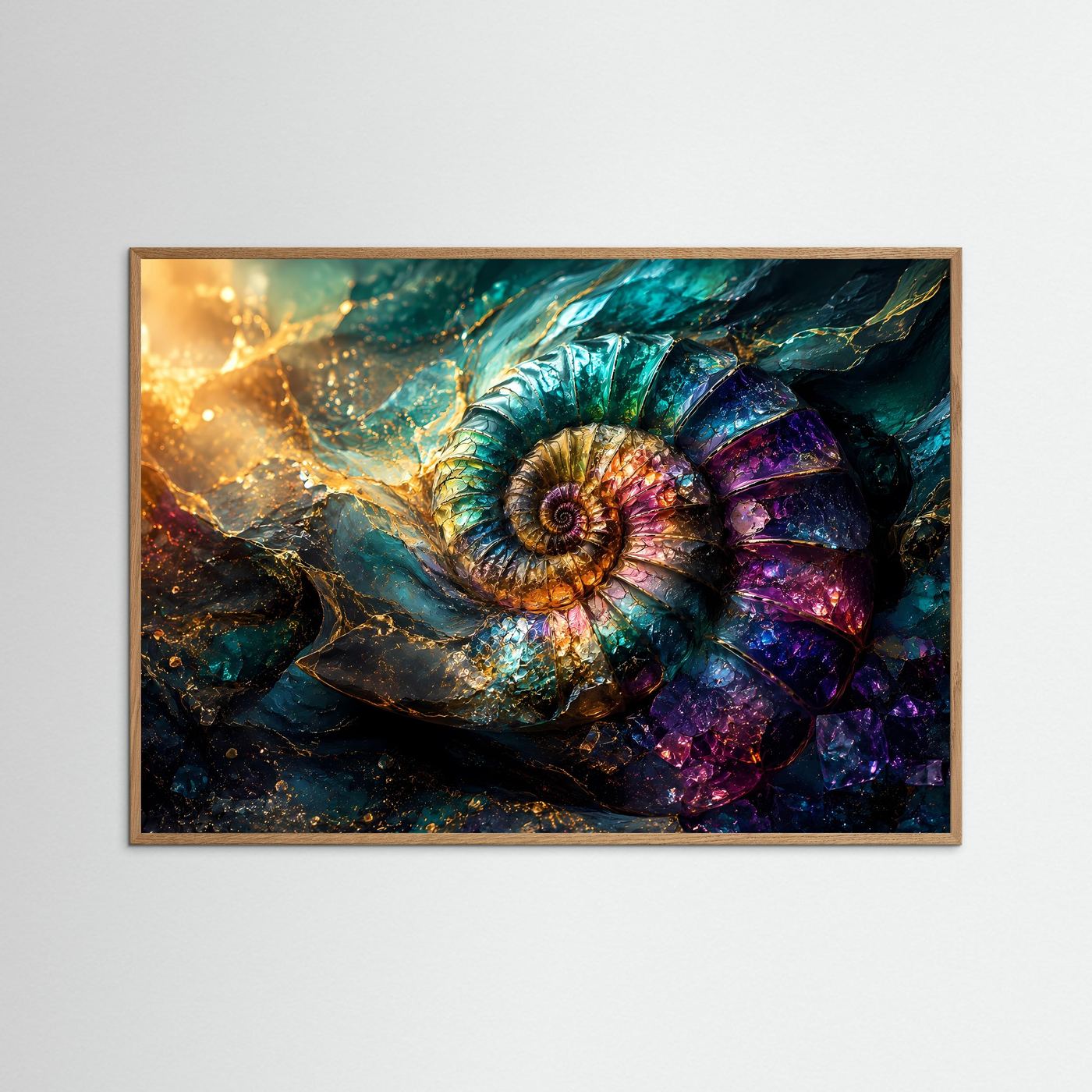 Ammonit in Edelsteinfarben | Abstrakte Fossilien Kunst in Türkis, Violett & Gold