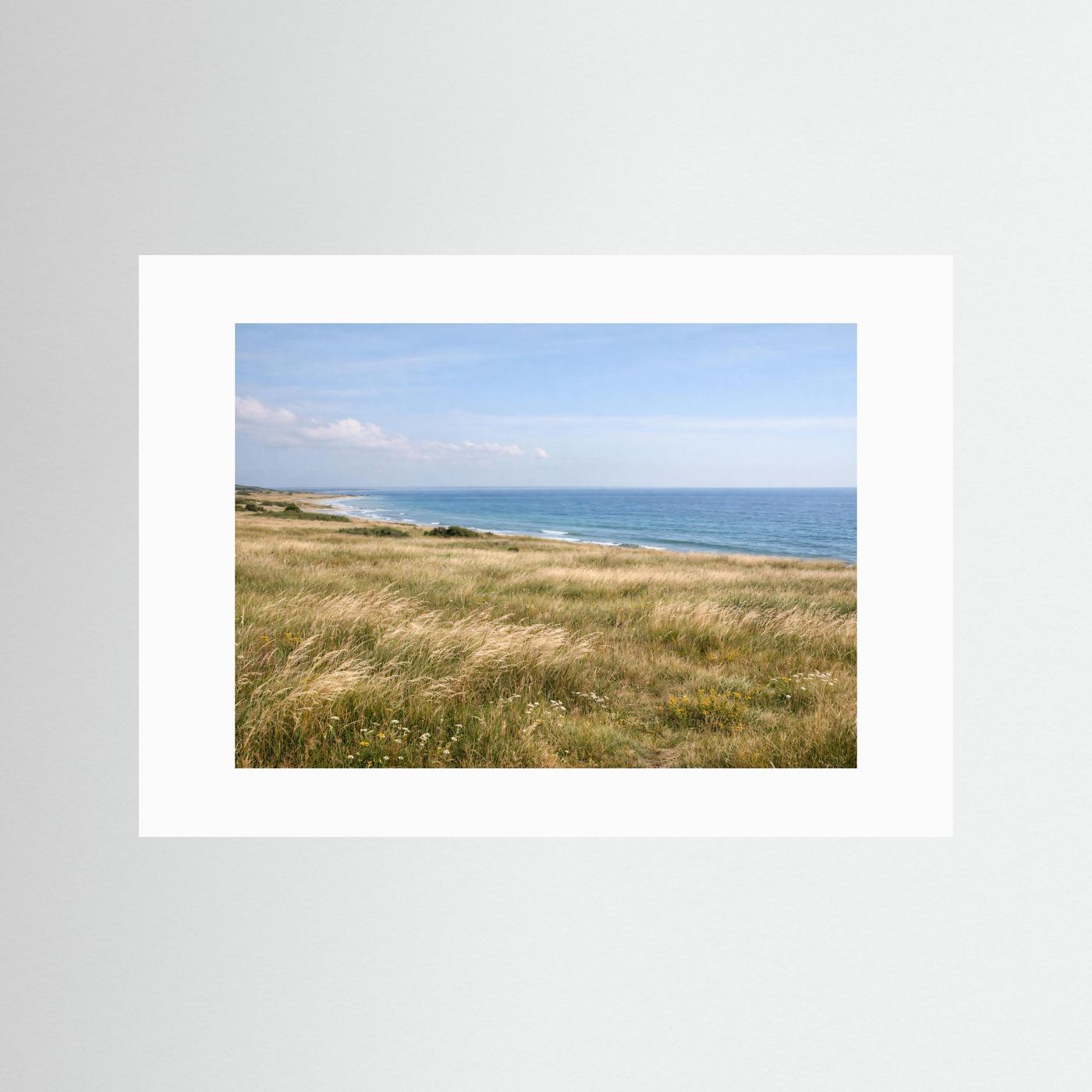 Naturposter im Querformat mit Ostseestrand und Küstendüne mit weißem Passepartout