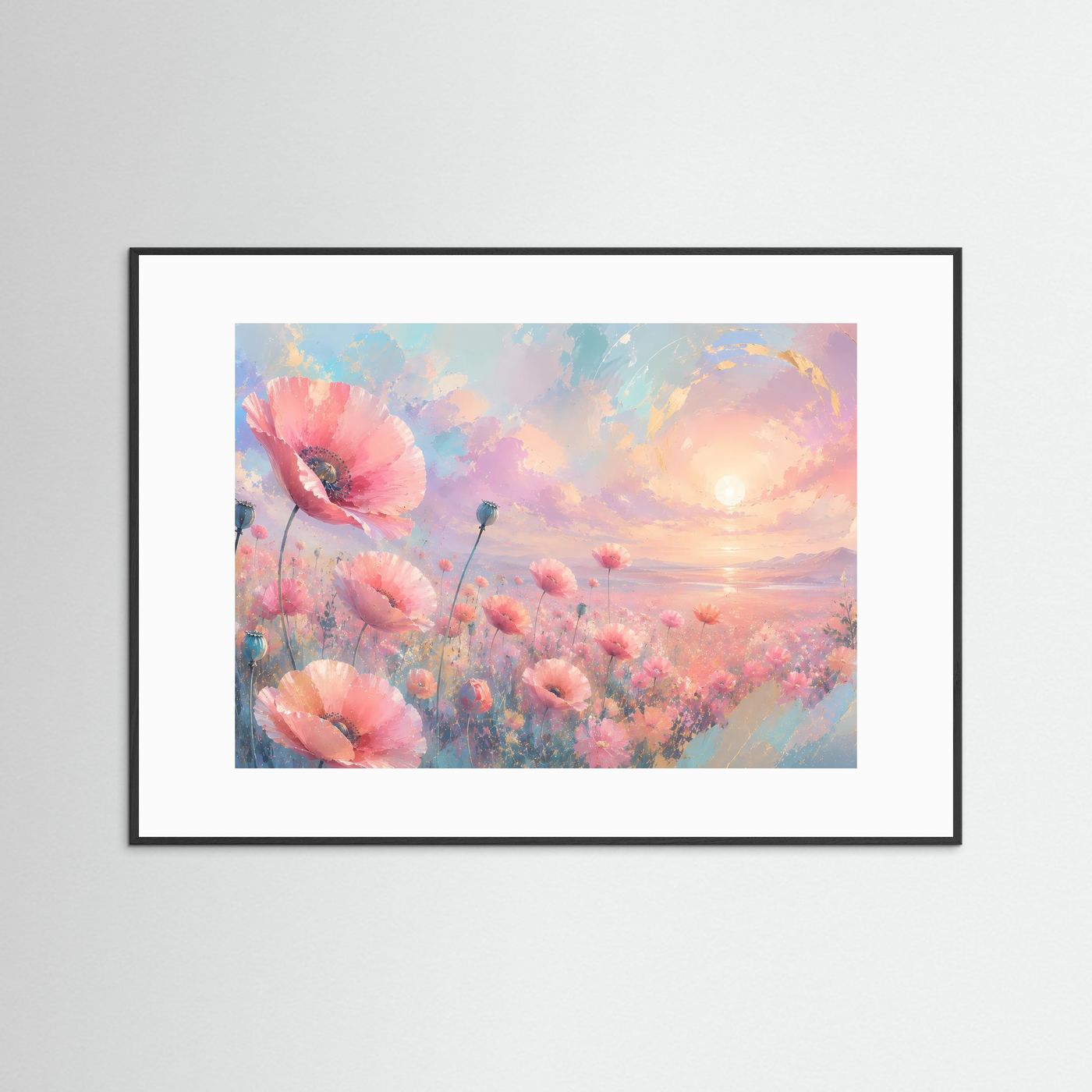 Mohnblumen Poster Querformat | Pastell Blumenfeld Wandbild | Romantische Moderne Naturkunst